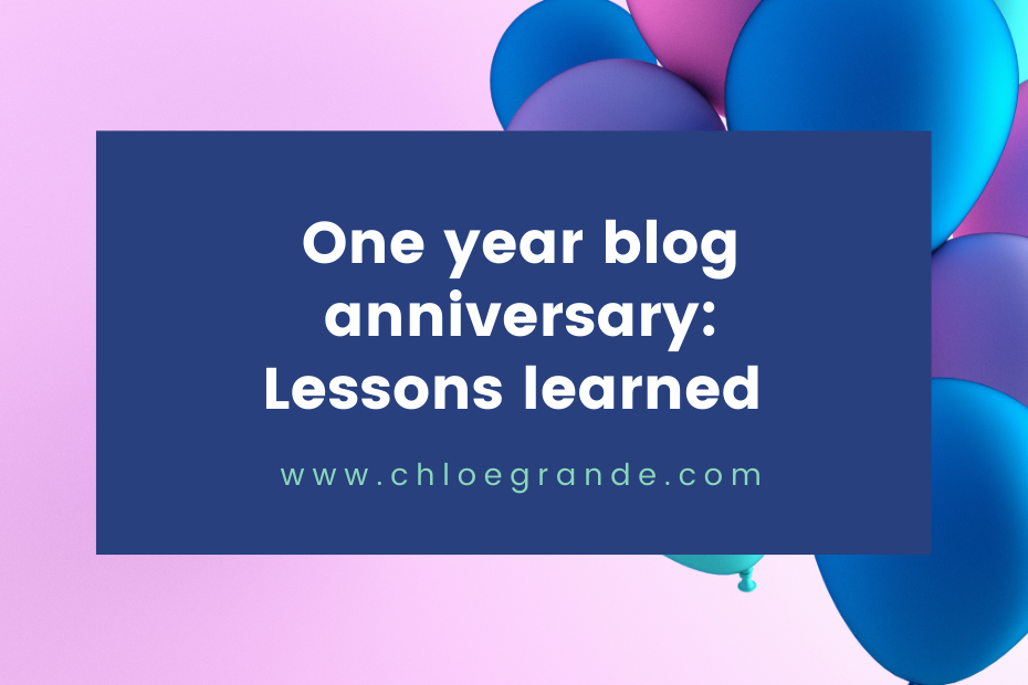 One year blog anniversary: lessons learned - purple background with blue and pink balloons