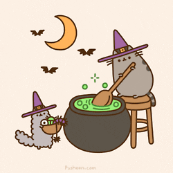 Cartoon cats stirring a witches brew on Halloween
