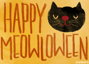Smiling cat with text that reads Happy Meowloween