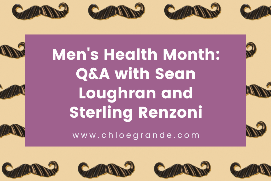 Yellow background with mustaches, text that reads Mental Health Month: Q&A with Sean Loughran and Sterling Renzoni for eating disorder recovery blog
