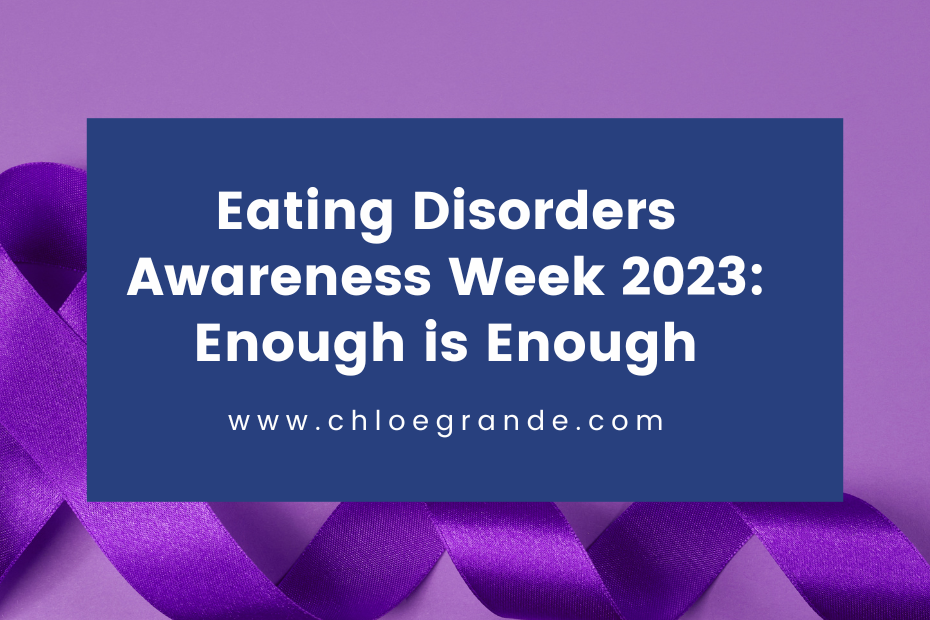 Purple background with text that reads: Eating Disorders Awareness Week 2023 Enough is Enough